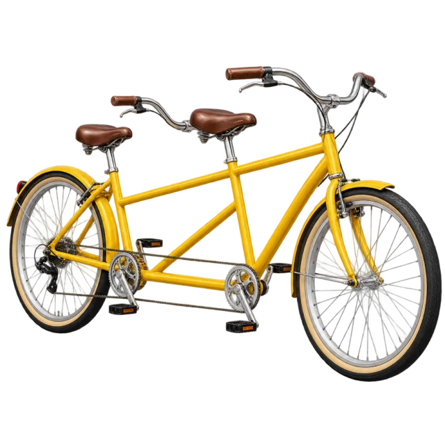 A yellow tandem bicycle has two seats and two sets of pedals