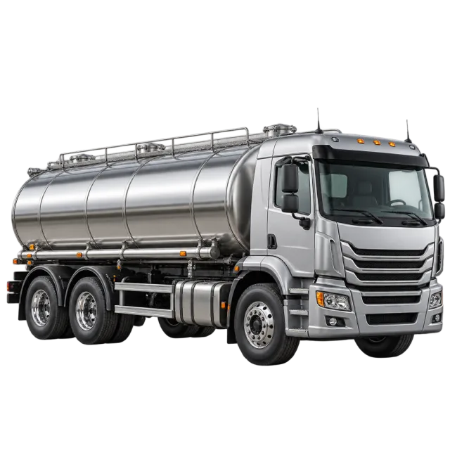 A silver tanker truck carries a cylindrical tank