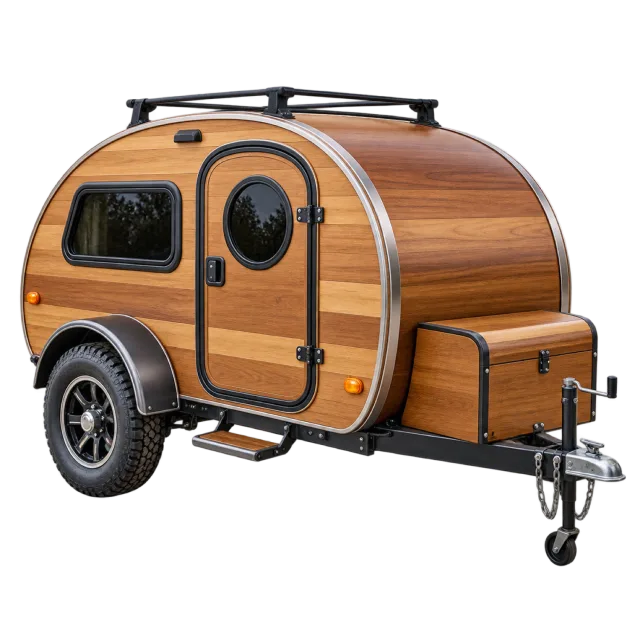 A wood-paneled teardrop trailer has a rounded roof