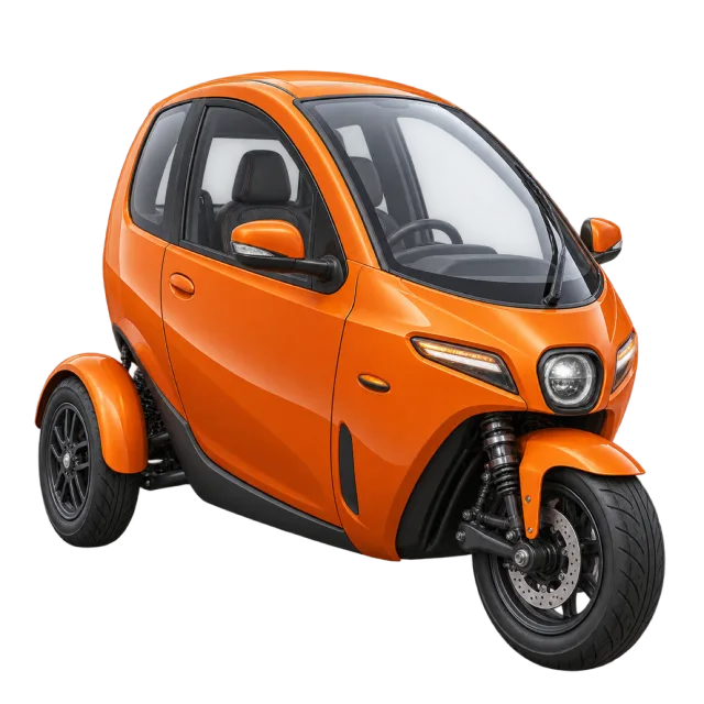 A small orange three-wheeled car has an enclosed cabin