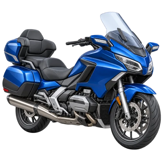 A blue touring motorcycle has a windshield and luggage compartments