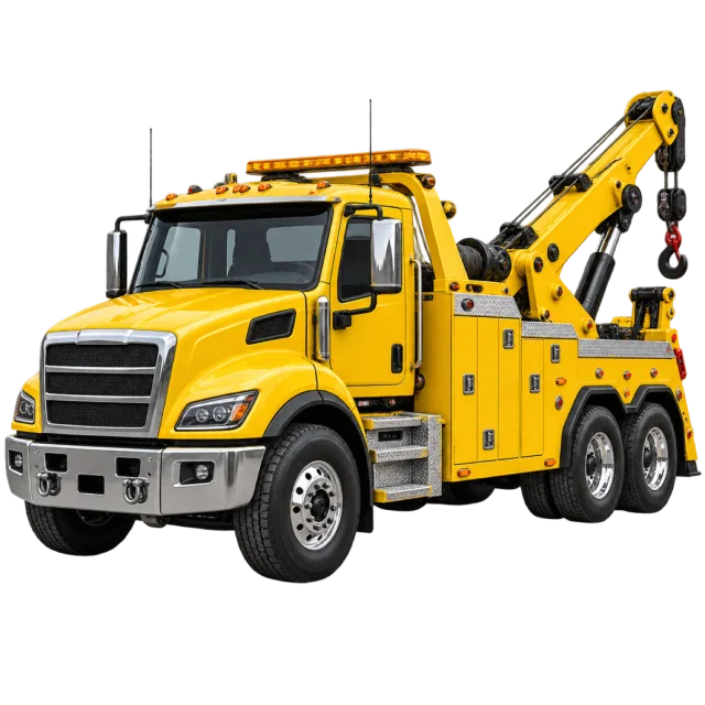 A yellow tow truck has a rear lifting boom