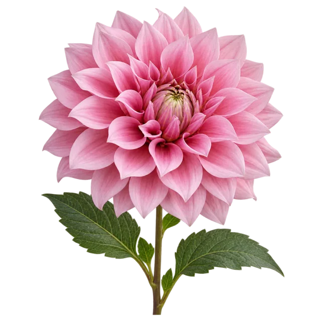 Pink dahlia with pointed layered petals and broad serrated leaves on a transparent background