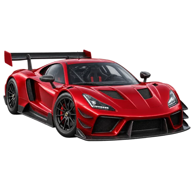 A red track-style race car has a large rear wing