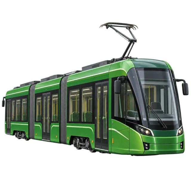 A green tram has an articulated body and roof power collector