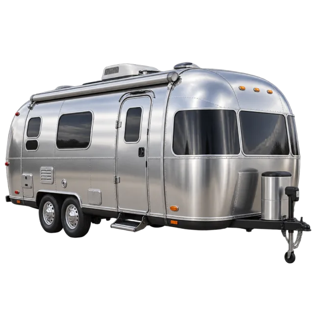 A rounded silver travel trailer has dark windows