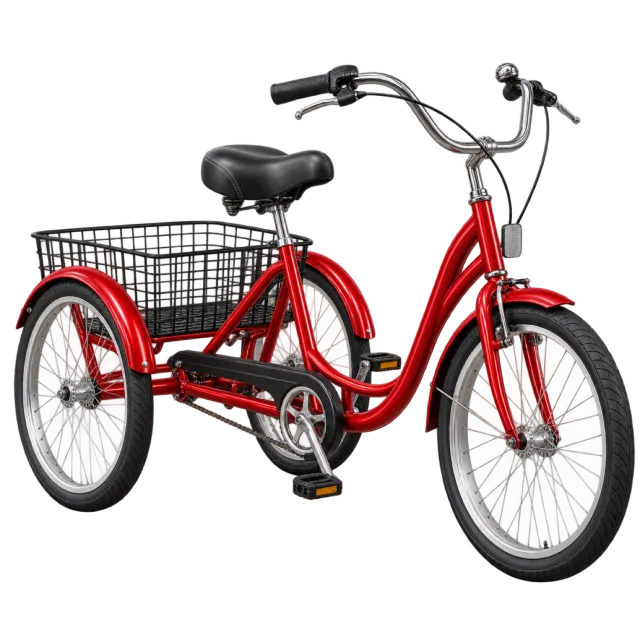 A red adult tricycle has a rear wire basket