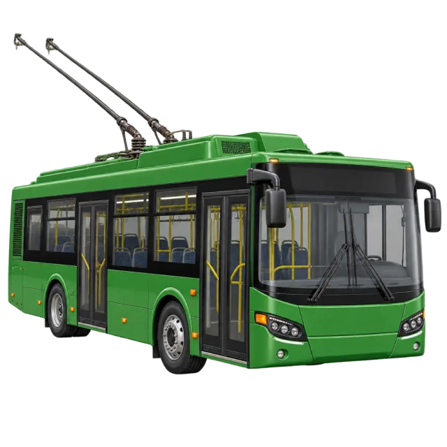 A green trolleybus has overhead power poles