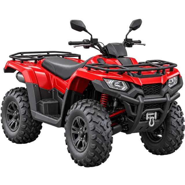 A red utility quad bike has black front and rear racks