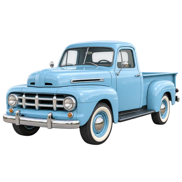 A pale blue vintage pickup has whitewall-style tires