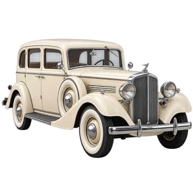 A cream vintage sedan has round headlamps and broad fenders