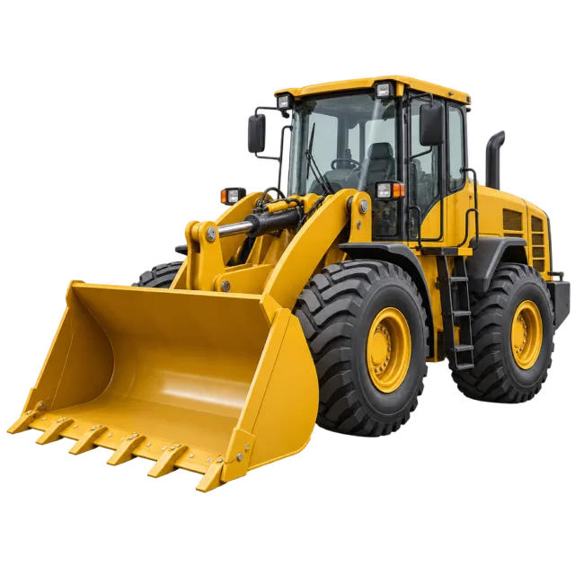 A yellow wheel loader has a large front bucket