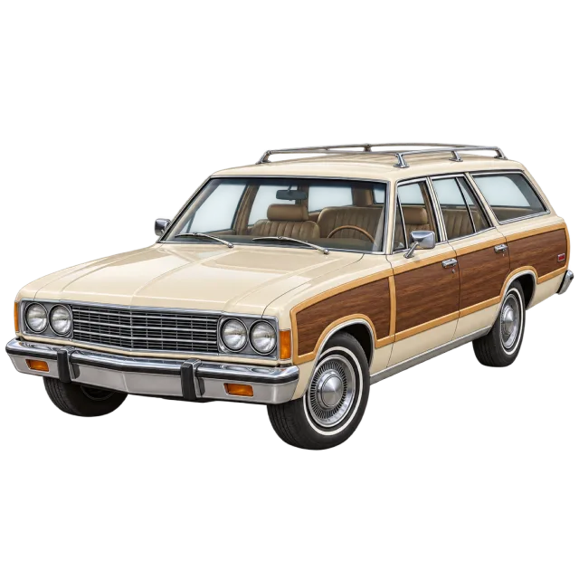 A beige station wagon has wood-style side panels