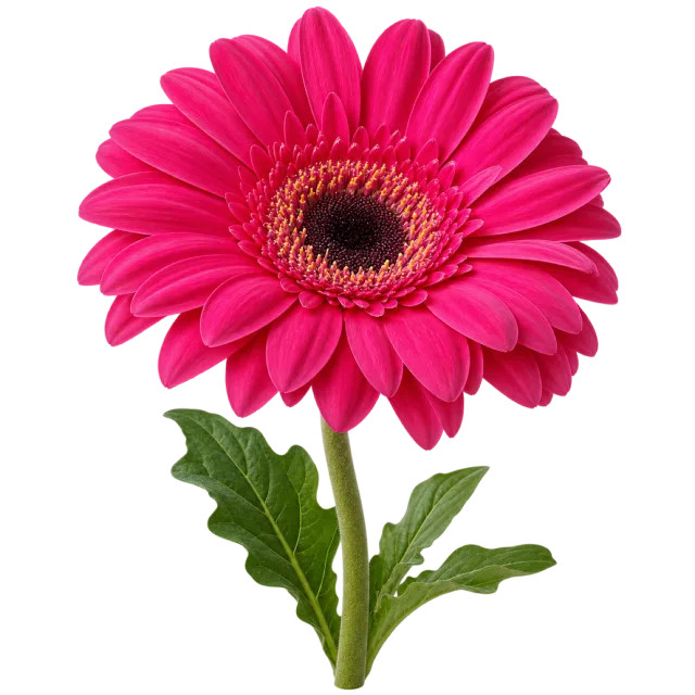 Vivid pink gerbera with long petals, a dark center and a leafy stem on a transparent background