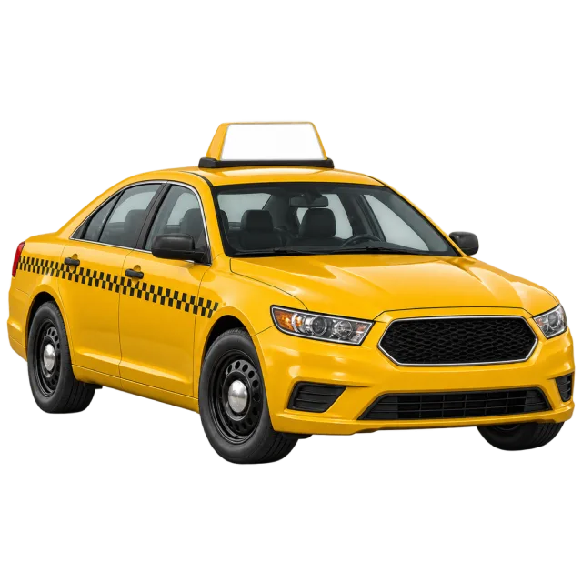 A yellow taxi has a roof sign and dark side markings