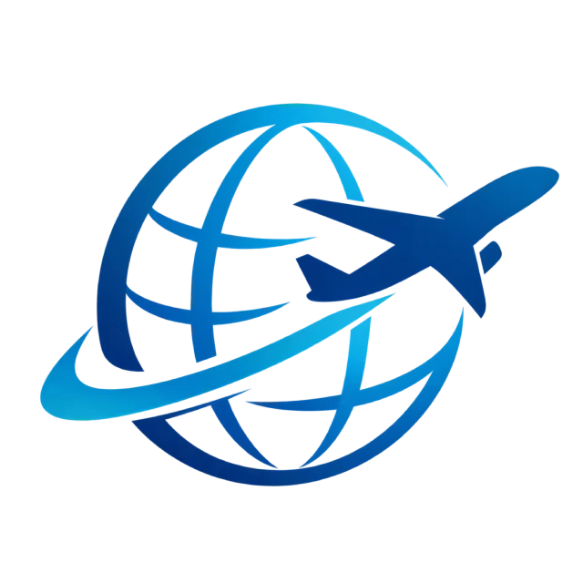 A blue airplane crosses a stylized globe with sweeping orbit lines