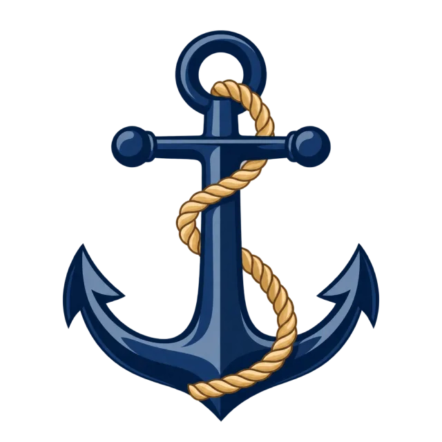 A navy anchor is wrapped with golden rope