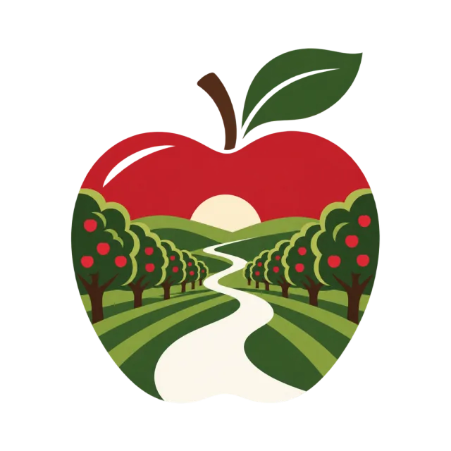 A red apple silhouette contains an orchard and winding path