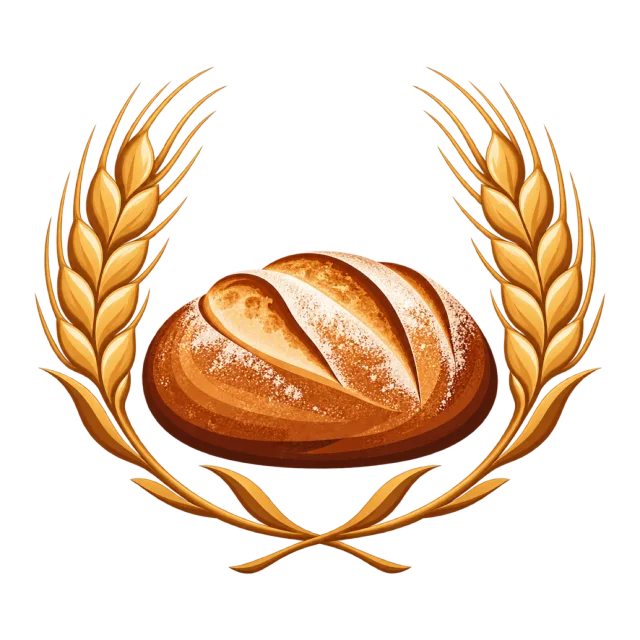 A golden bread loaf sits inside a wheat wreath