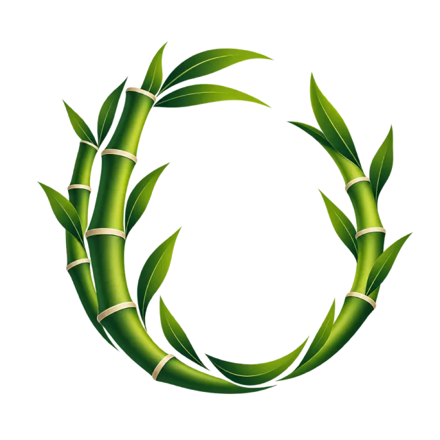 Green bamboo stems curve into an open circle