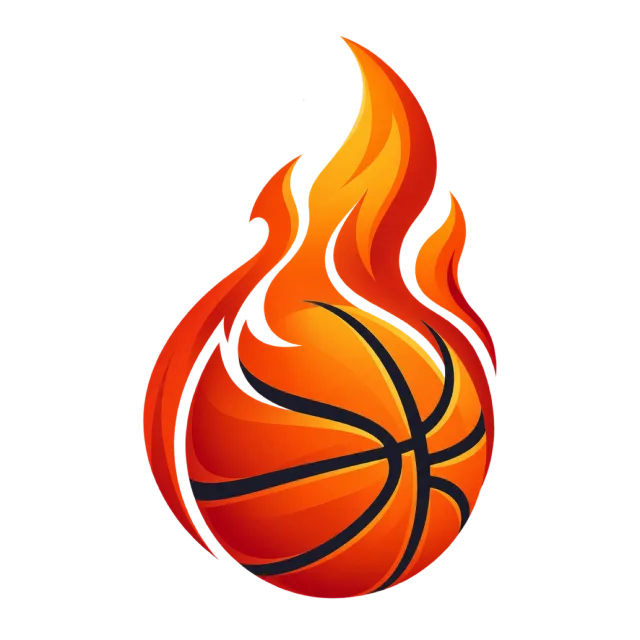 An orange basketball rises into red and yellow flames