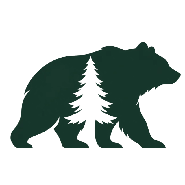 A dark green bear silhouette contains white pine trees