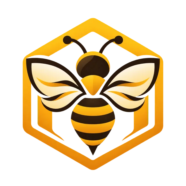 A yellow and black bee sits inside a hexagonal outline