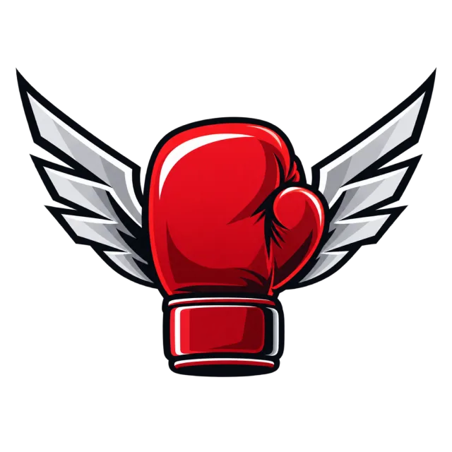 A red boxing glove has silver-colored wings
