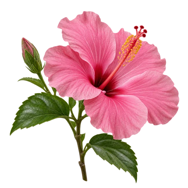 Pink hibiscus with a long central stamen, green leaves and a closed bud on a transparent background
