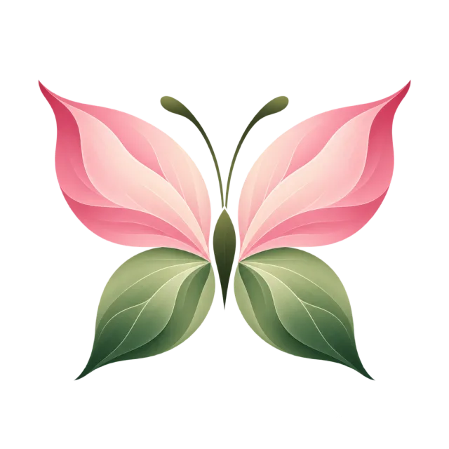Pink flower petals and green leaves form a butterfly