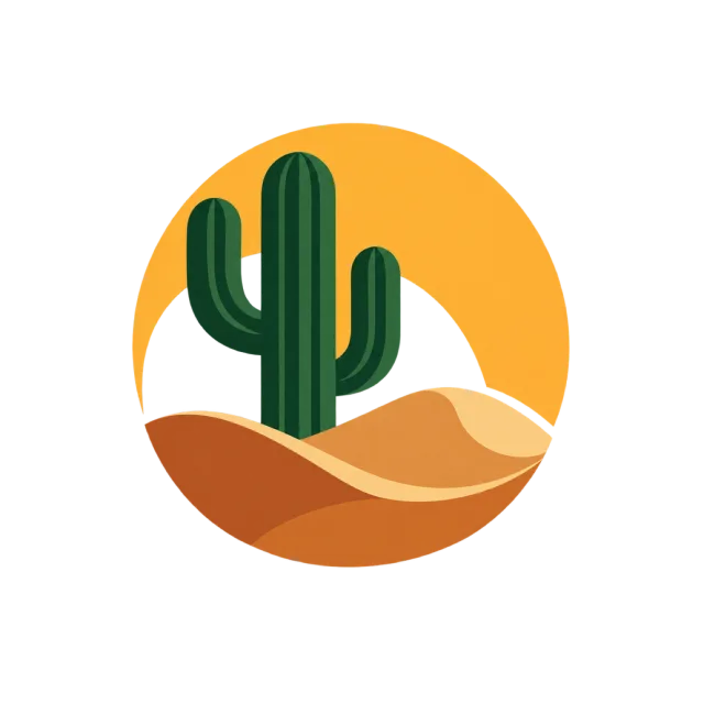 A green cactus stands before an orange desert sun