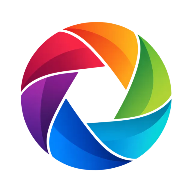 Colorful curved blades form a camera-aperture symbol