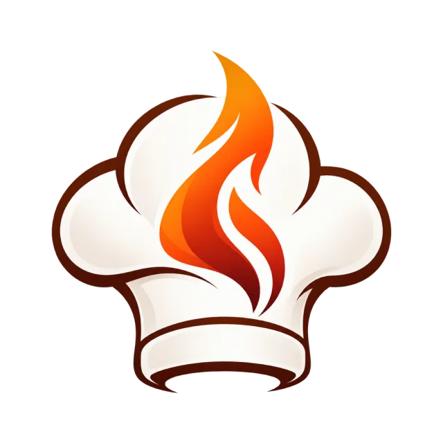 An orange flame rises inside a chef-hat outline