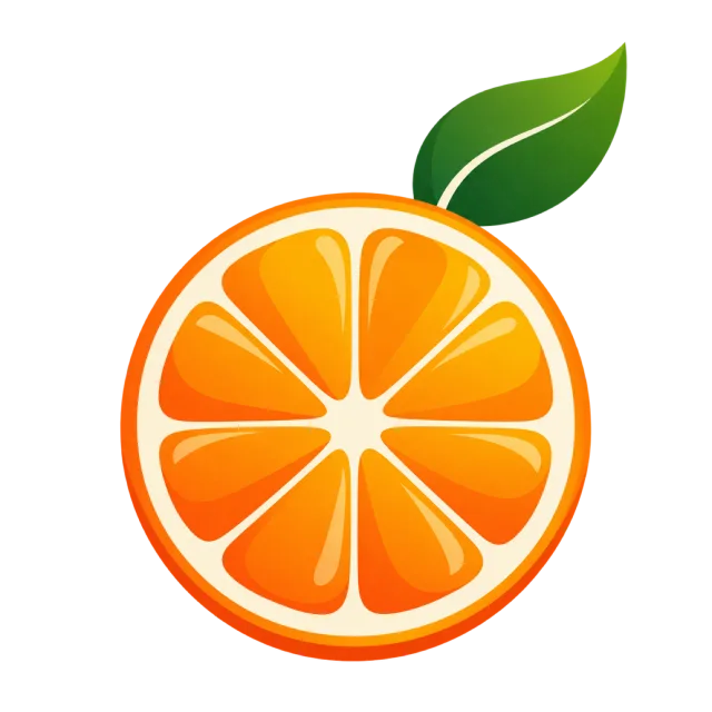 An orange citrus slice has a green leaf
