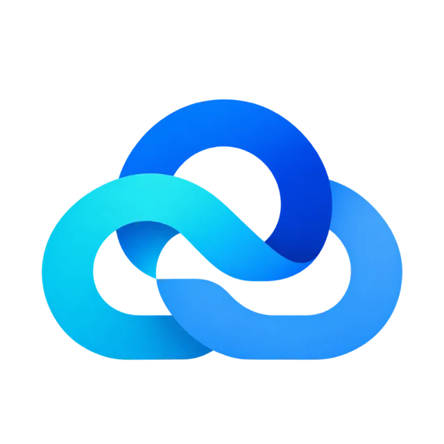 Blue and cyan interlocking curves form a cloud-like symbol