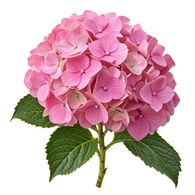 Rounded cluster of pink hydrangea blossoms with veined green leaves on a transparent background