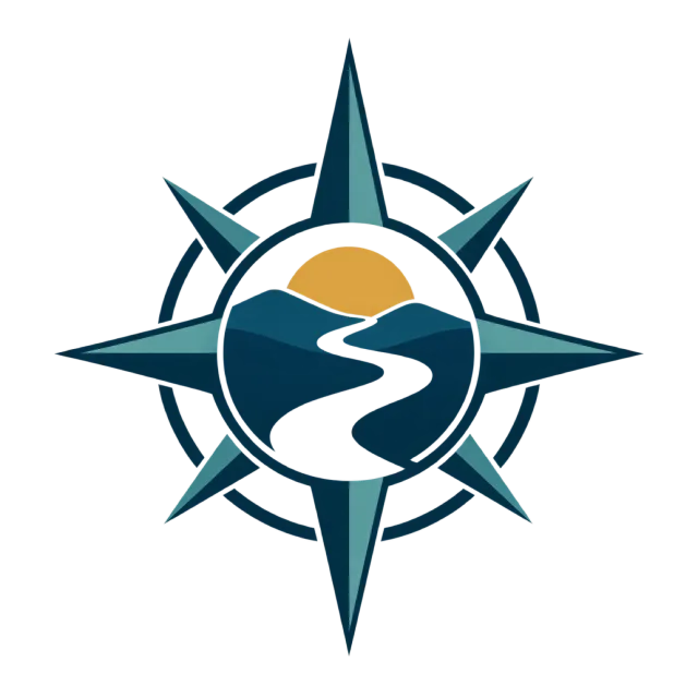 A winding path sits inside a blue compass star