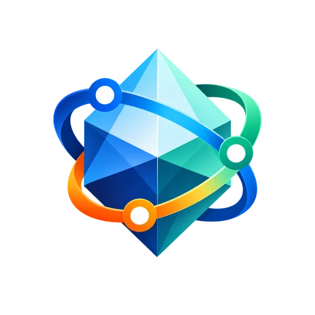 A blue faceted prism is surrounded by colorful orbit lines