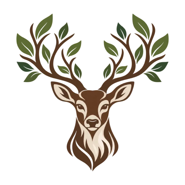 A brown deer head has leafy branching antlers