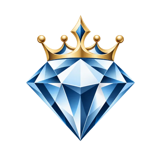 A blue faceted diamond sits beneath a gold-colored crown