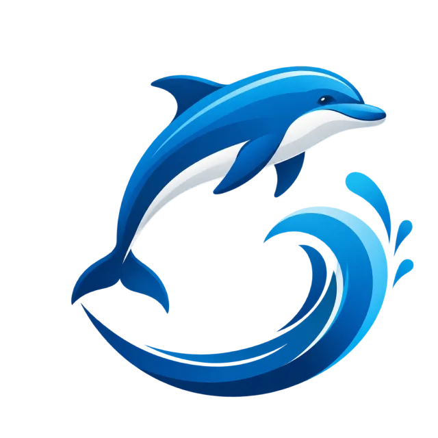 A blue dolphin leaps above a curling wave