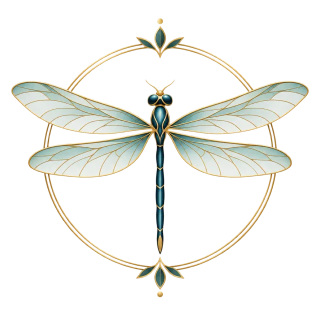 A pale dragonfly sits inside a thin gold-colored ring