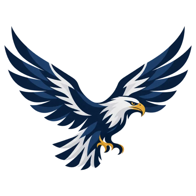 A navy eagle spreads its wings with gold-colored beak details