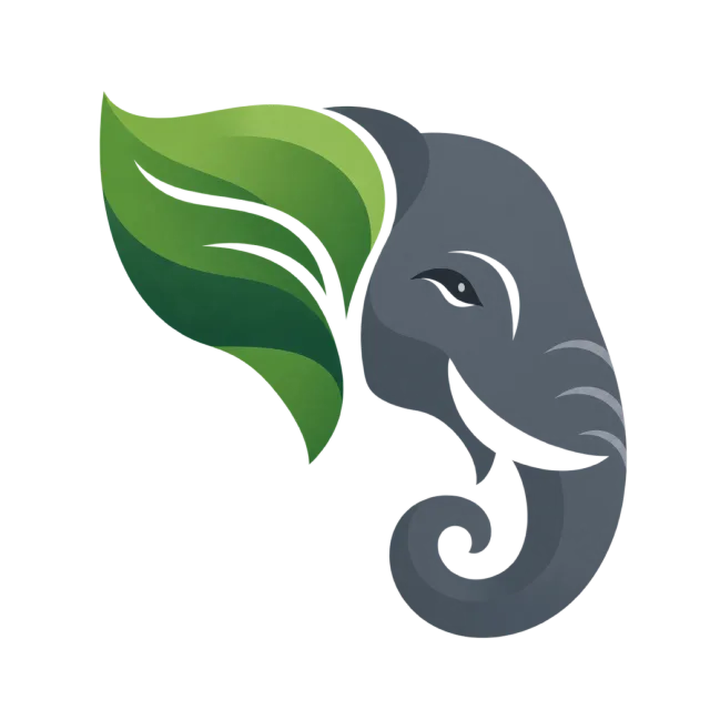 A gray elephant head has a large green leaf-shaped ear
