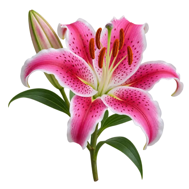 Pink lily with white-edged speckled petals, long stamens and a closed bud on a transparent background