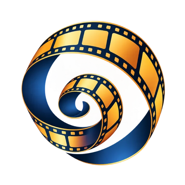 A navy and gold-colored filmstrip curls into a spiral