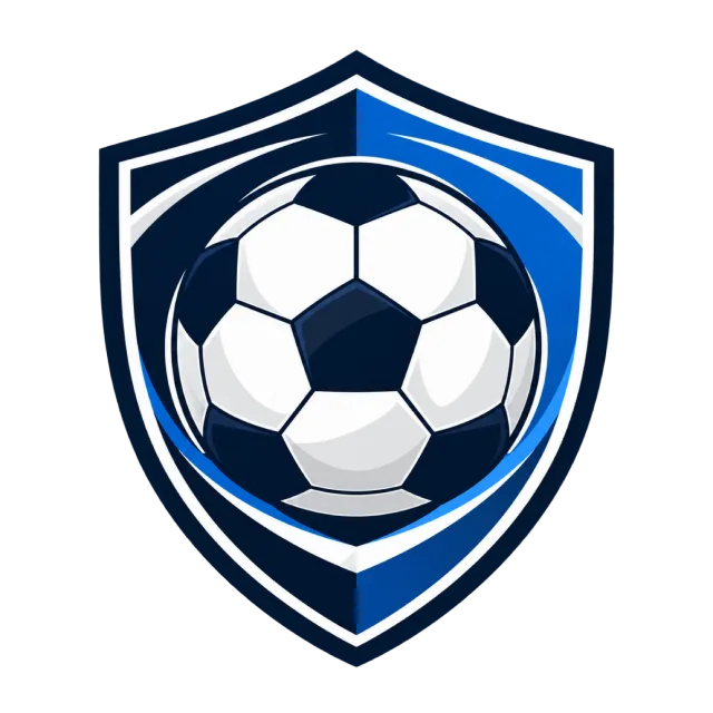 A black and white soccer ball sits inside a blue shield