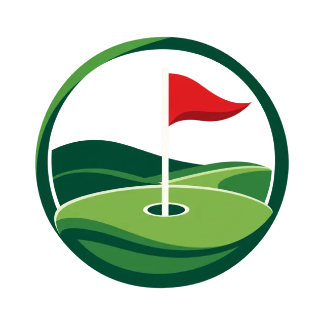 A red golf flag stands on rolling green hills inside a circle