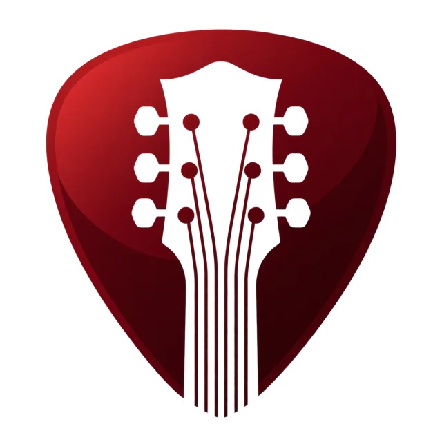 A white guitar-head silhouette sits inside a burgundy pick