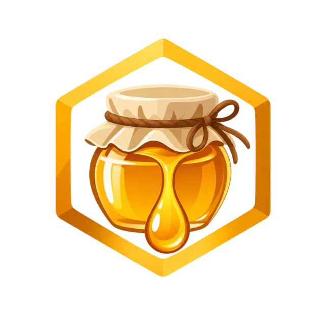 A golden honey jar sits inside a hexagon outline